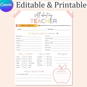 Editable TEACHER FAVORITES Things, Printable All About My Teacher Survey, Back to School Teacher Questionnaire, Pdf Instant Download