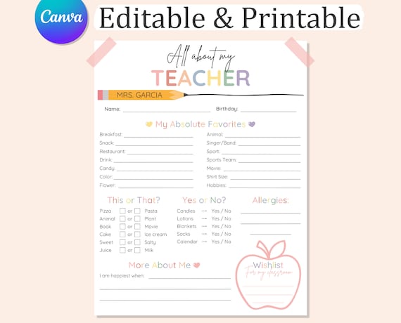 Editable TEACHER FAVORITES Things, Printable All About My Teacher Survey, Back to School Teacher Questionnaire, Pdf Instant Download