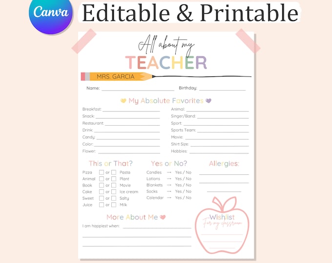 Editable All About My Teacher Survey Get to Know Teacher Printable ...
