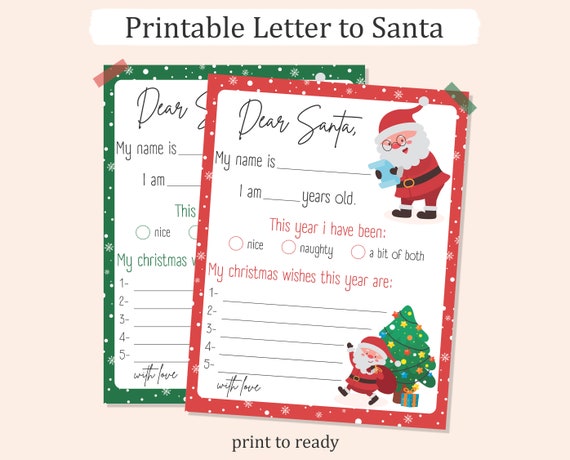 Printable LETTER TO SANTA Template, Santa Wish List, Dear Santa Letter, Christmas Letter, Christmas Gift List, Pdf Instant Download