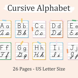 Afdrukbare CURSIEVE ALFABETKAARTEN, cursief alfabet klasposter voor muur, cursief handschriftalfabet, pdf direct downloaden