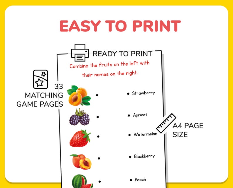 Printable Matching Game Book, Fruits Matching Game Pages, Preschool