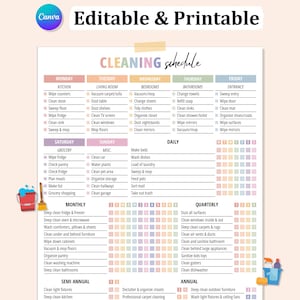 Op de afbeelding: Een afdrukbare schoonmaakchecklist met een kleurrijk ontwerp. De checklist bevat dagelijkse, wekelijkse, maandelijkse, driemaandelijkse, halfjaarlijkse en jaarlijkse schoonmaaktaken voor verschillende gebieden van het huis, zoals de keuken, woonkamer, slaapkamers, badkamers en entree.