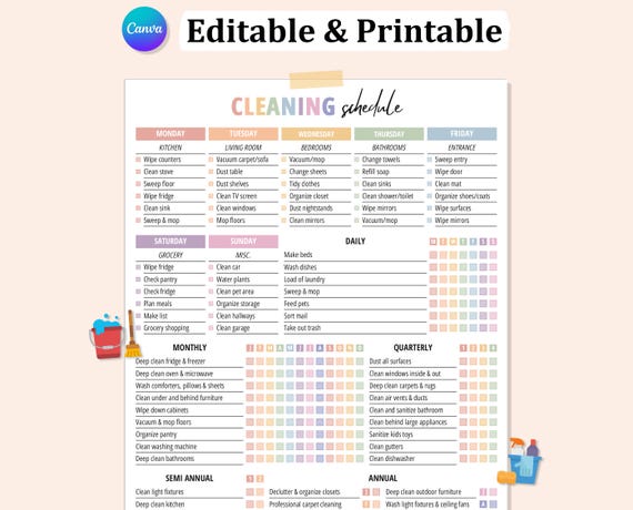 Editable ADHD CLEANING CHECKLIST Template, Cleaning Planner, Cleaning Schedule, Cleaning List Digital, Household Cleaning Checklist