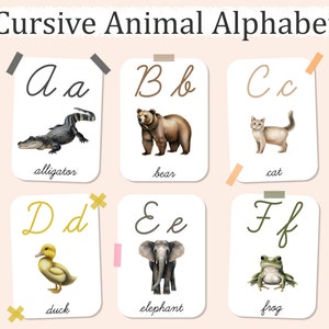 Cartões flash do alfabeto cursivo para impressão, cartões cursivos, alfabeto montessori, cartões flash do alfabeto animal em aquarela, decoração de sala de aula