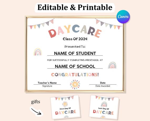Editable Daycare Graduation Certificate Template, Daycare Diploma, Grad Daycare Certificate, Printable Daycare Graduation Diploma