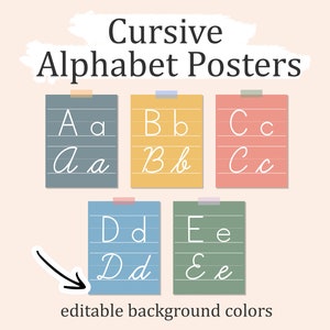 KURSIVES ALPHABET-POSTER, bearbeitbare Hintergrundfarben, Boho-Pädagogische Wandkunst, kursives Klassenzimmerplakat, lernen Sie Schreibschrift, Pdf-Download