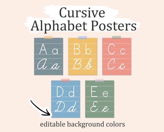 CURSIVE ALPHABET POSTERS, Editable Background Colors, Boho Educational Wall Art, Cursive Classroom Poster, Learn to Cursive, Pdf Download