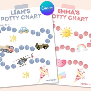 May include: Two printable potty training charts, one for a boy and one for a girl. The boy's chart features a blue car, a truck, a helicopter, and stars. The girl's chart features a sun, a rainbow, a heart, and a party hat. Both charts have the text "You Can Do It!" and "You Did It!"