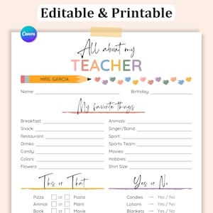 Editable Teacher Survey: All About My Teacher Printable (Digital Download)