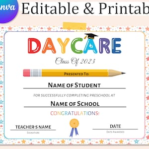 Bearbeitbares DAYCARE-GRADUIERUNGS-DIPLOMA, druckbares Kindergarten-Zertifikat, letzter Tag der Kindertagesstätte, Vorlage für den Abschluss der Kita, bearbeitbares Zertifikat