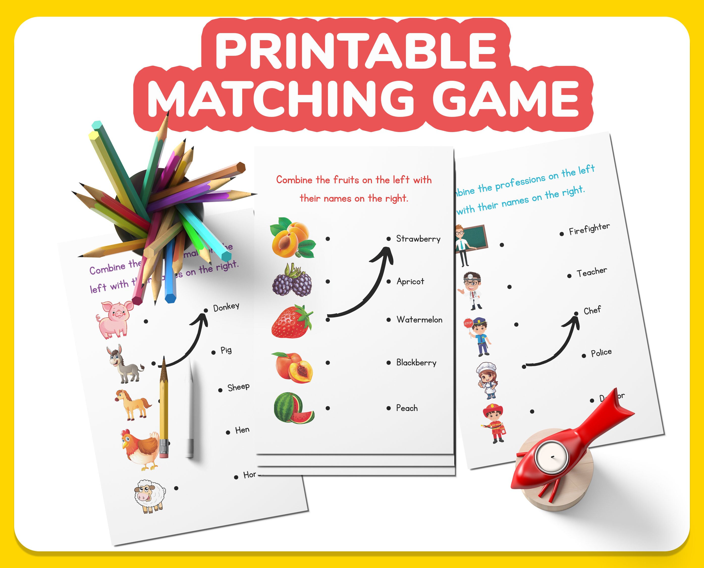 Printable Matching Game Book, Fruits Matching Game Pages, Preschool