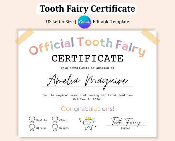 Editable TOOTH FAIRY CERTIFICATE Template, 1st Tooth Fairy Certificate, First Lost Tooth Certificate, Tooth Fairy Gift, Instant Download