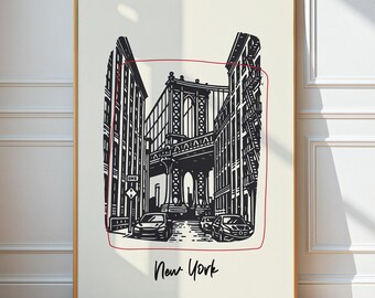 New York Travel Poster, New York Minimalistic Print, New York City Wall Art, New York Street Wall Decor, Vintage NYC City Art, Travel Prints