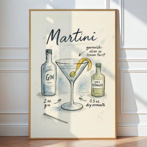 Martini Art Digital Print, Bar Cart Decor Cocktail Poster, Party Signature Drink Sign, Watercolor Retro Cocktail Recipe Poster