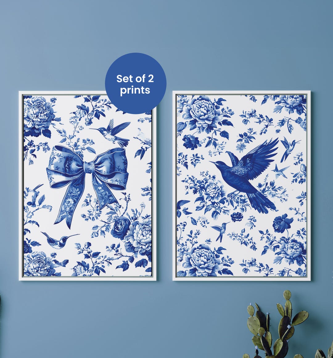 2 Piece Elegant Chinoiserie Wall Art Toile De Jouy Poster Blue and ...