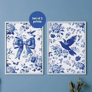 2 Piece Elegant Chinoiserie Wall Art Toile de Jouy poster Blue and White Vintage Print Set Coastal Classic Home Decor Blue Bow Digital Print
