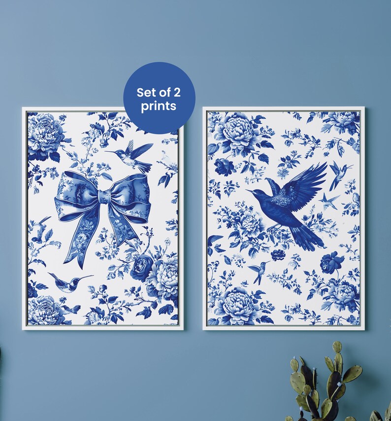 2 Piece Elegant Chinoiserie Wall Art Toile De Jouy Poster Blue and ...