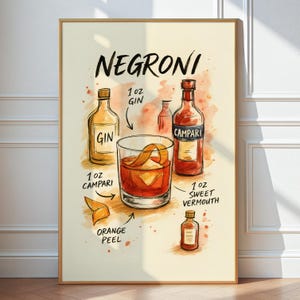 Negroni Recipe Digital Print, Bar Cart Decor Cocktail Poster, Party Signature Drink Sign, Watercolor Retro Negroni Cocktail Recipe Poster