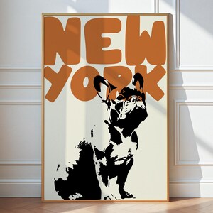 NYC Dog Poster, Frenchie Pop Art Print, Urban Wall Decor, Retro New York Illustration for Dog Lovers, Bright City Gift Idea
