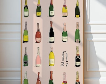 Prosecco Bottle Wall Art Print, Fun Champagne Poster, Prosecco Lover Wall Art, Pink Wine Lover Decor, Kitchen or Bar Cart Printable