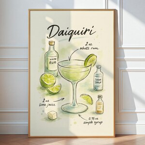 Daiquiri Art Digital Print, Bar Cart Decor Cocktail Poster, Party Signature Drink Sign, Retro Watercolor Cocktail Recipe Poster