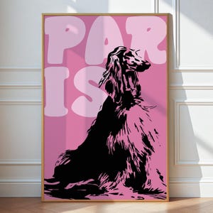 Paris Dog Art Print, Afghan Hound Wall Decor, Retro Paris Poster, City Print for Dog Lovers, Stylish Pet Gift, Pink & Lavender Pop Art