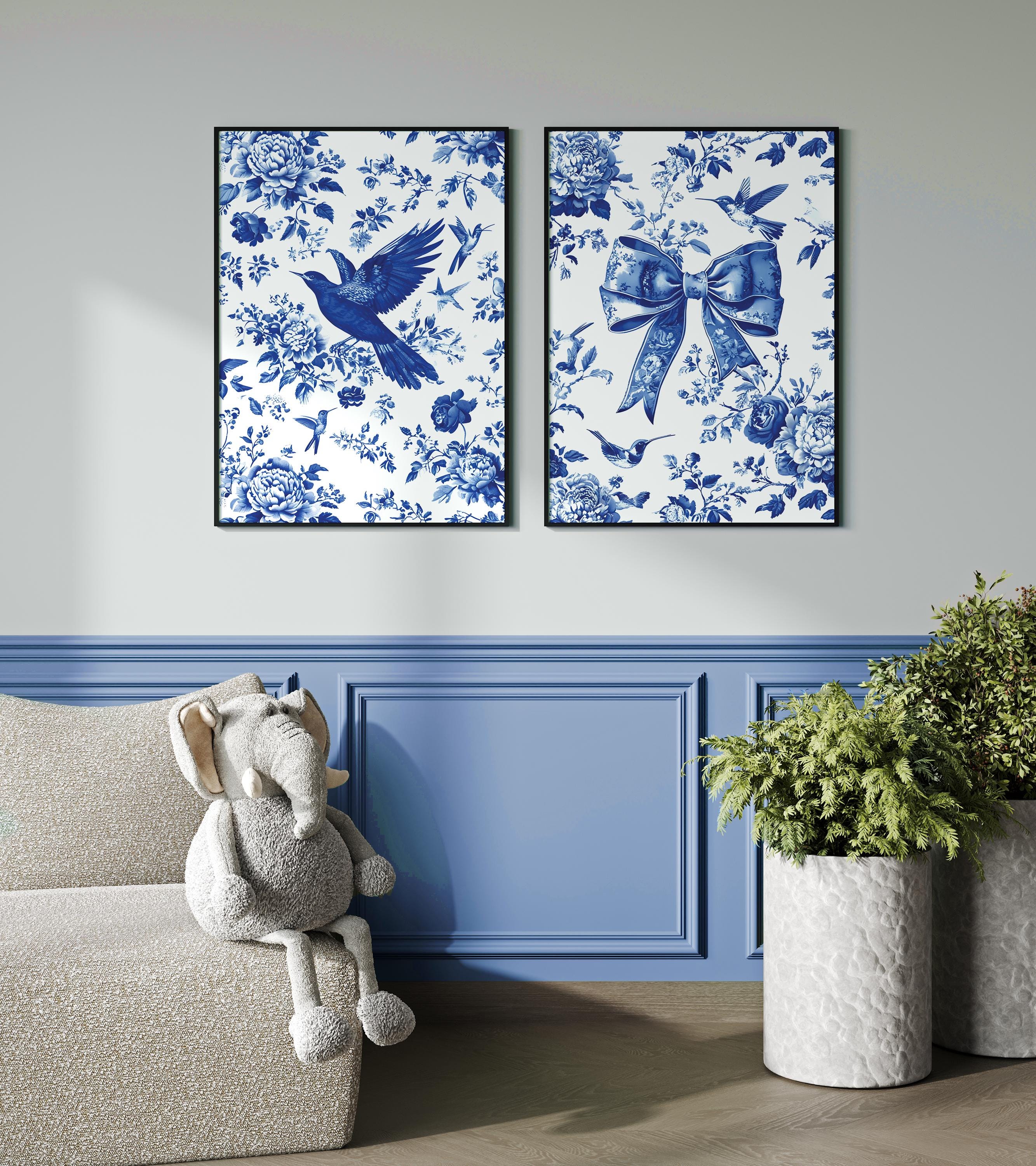 2 Piece Elegant Chinoiserie Wall Art Toile De Jouy Poster Blue and ...