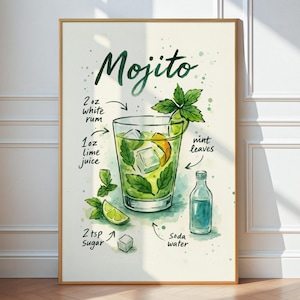 Mojito Recipe Digital Print, Bar Cart Decor Cocktail Poster, Party Signature Drink Sign, Watercolor Retro Cocktail Recipe Poster