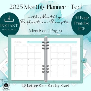 Planificador mensual imprimible 2025 - Calendario de dos páginas con mes - Inicio en domingo - Minimalista en verde azulado - Letra de EE. UU. - Descarga instantánea digital en formato PDF