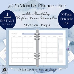 Planificador mensual imprimible 2025 - Calendario de dos páginas con mes - Inicio en domingo - Minimalista Blue Future Dusk - Letra de EE. UU. - Descarga digital en PDF