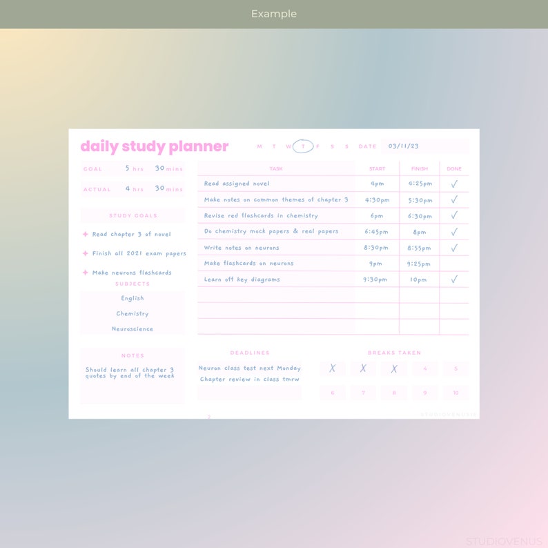 Daily Study Planner for Students Digital Study Planner Template