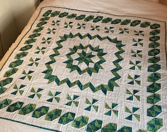 Handmade Green Geometric Quilt – 100% Cotton, Intricate Patchwork Design (144 x 146 cm)