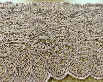 2 metres Dusky Lilac Purple Lace Trim with Floral Leaf Design, Galloon Lace Trim Lightly Corded 7.5" Wide Stretch lace trim