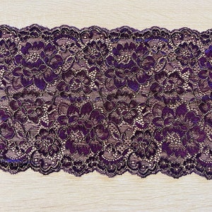 2metres Royal Purple Lace Trim, Gold Corded Thread Rose lace trim 6.75" purple Wide Stretch lace trim, purple lace, purple trim, purple lace