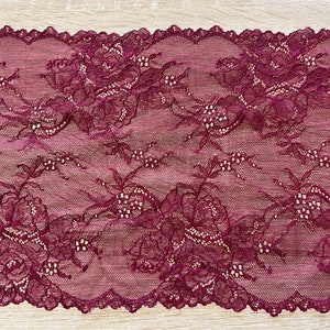 2 metres Quality Burgundy Red Lace with Floral Rose Design, Chorded detail, Scolloped edge Lace Trim 9.75" Wide Stretch lace trim