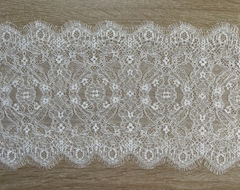 3 Metres - Ivory Eyelash Lace Trim in A Lightly Corded Sateen Floral Design With Deep Scollop Edge 8.25”/21cm Wide Rigid Lace Trim