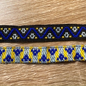 Yellow, Blue, Navy Jacquard Braid Woven Ribbon Trim With A Vintage Funky Floral Design 15mm Wide