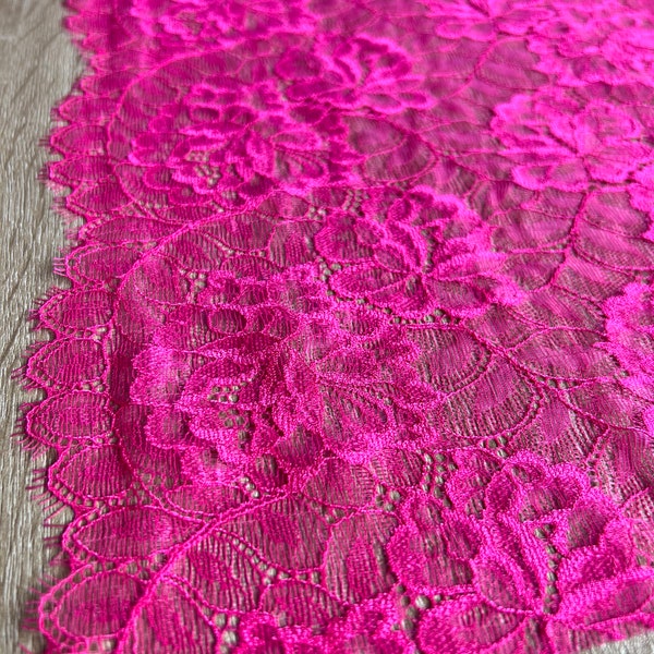 MULTI LISTING-Bright Pink Sparkle Floral Rose Design Stretch Lace Trim With Eyelash Scollop Edge 10"/25.5cm