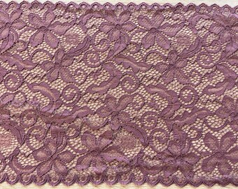 2 metres Pearly Purple Lace Trim with Retro Floral Design & Sateen Highlights. Chorded detailing Galloon Lace Trim 9" Wide Stretch lace trim