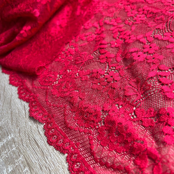 2metre Vibrant Red Lace Trim Delicate Spring Time Floral Design 9.75"/24.5cm Wide stretch lace trim, red lace, red tulle, red stretch lace