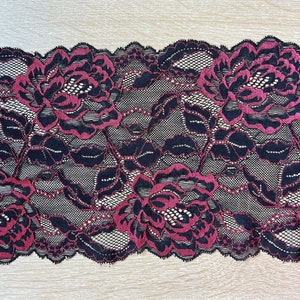 2 METRE Black / Burgundy Two Tone Rose Design Lightly Corded Stretch Lace Fabric 7"/18cm