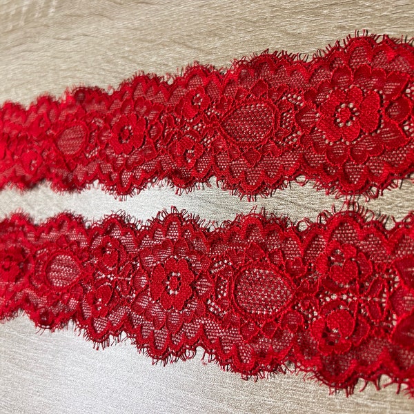 3 Metres -  Vibrant Red Decorative Floral Design 2.5"/6.5cm Narrow Stretch Lace Trim Eyelash Edge Lightly Chorded detailing