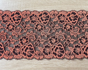 2metres Bold Black & Vibrant Orange wide stretch lace trim tulle in Two Tone Floral Rose Design 7.25" tulle, lingerie, trims, floral lace