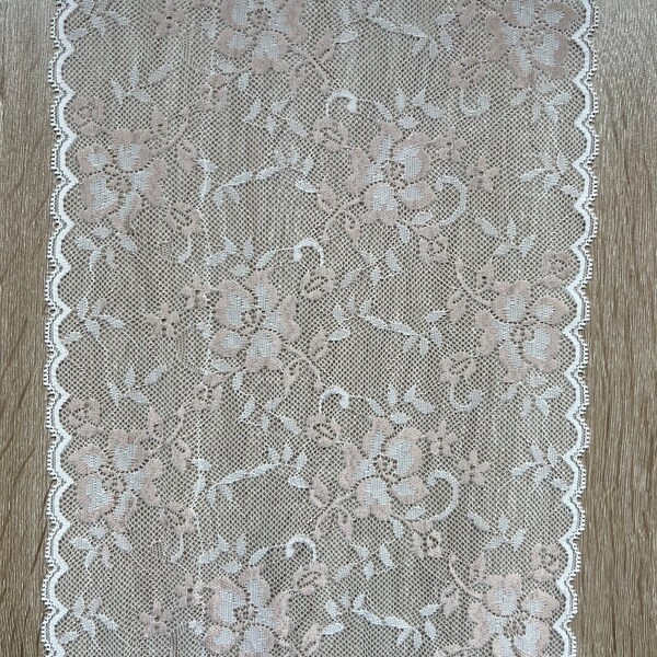 MULTI LISTING Antique White (Very Pale Ivory) + Pale Gold Floral Design Lightly Corded Stretch Lace Trim 9"/23cm