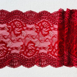 Luxury Rose Red Lace trim, Red Wide Stretch Lace Trim, red tulle 7&quot;/18cm red trim, red lingerie lace, galloon lace, red lace