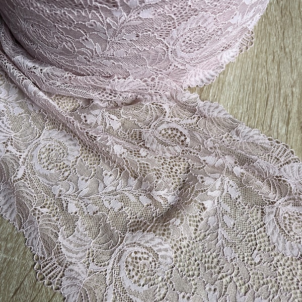 2 METRE Dusty Pink Delicate Spring Time Floral Design Lightly Corded Stretch Lace Trim 9"/23cm
