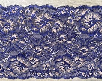 2metres French Navy Blue Lace Trim with Gold Floral Lace Design 8.75” Wide Stretch Lace Trim, blue lace, blue tulle, blue stretch lace tulle