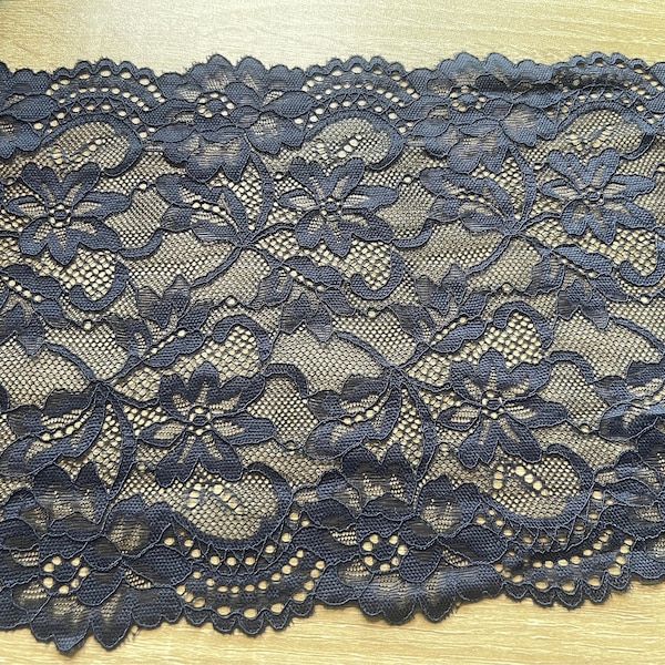 2metre Dark Navy Blue Lace Trim, Dainty Floral Design Wide Stretched Lace Trim 7" Navy Trim, navy tulle, navy lace,