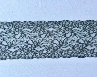 2metres Glitter Grey Stretch Lace Trim, Retro Floral Lace Trim, Lingerie lace 5.75" Wide Stretch Lace Trim, wholesale lace